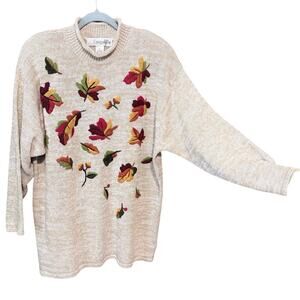 Vintage Chrysanthemum Embroidered Fall Leaf Sweater Ramie Cotton plus size 1X